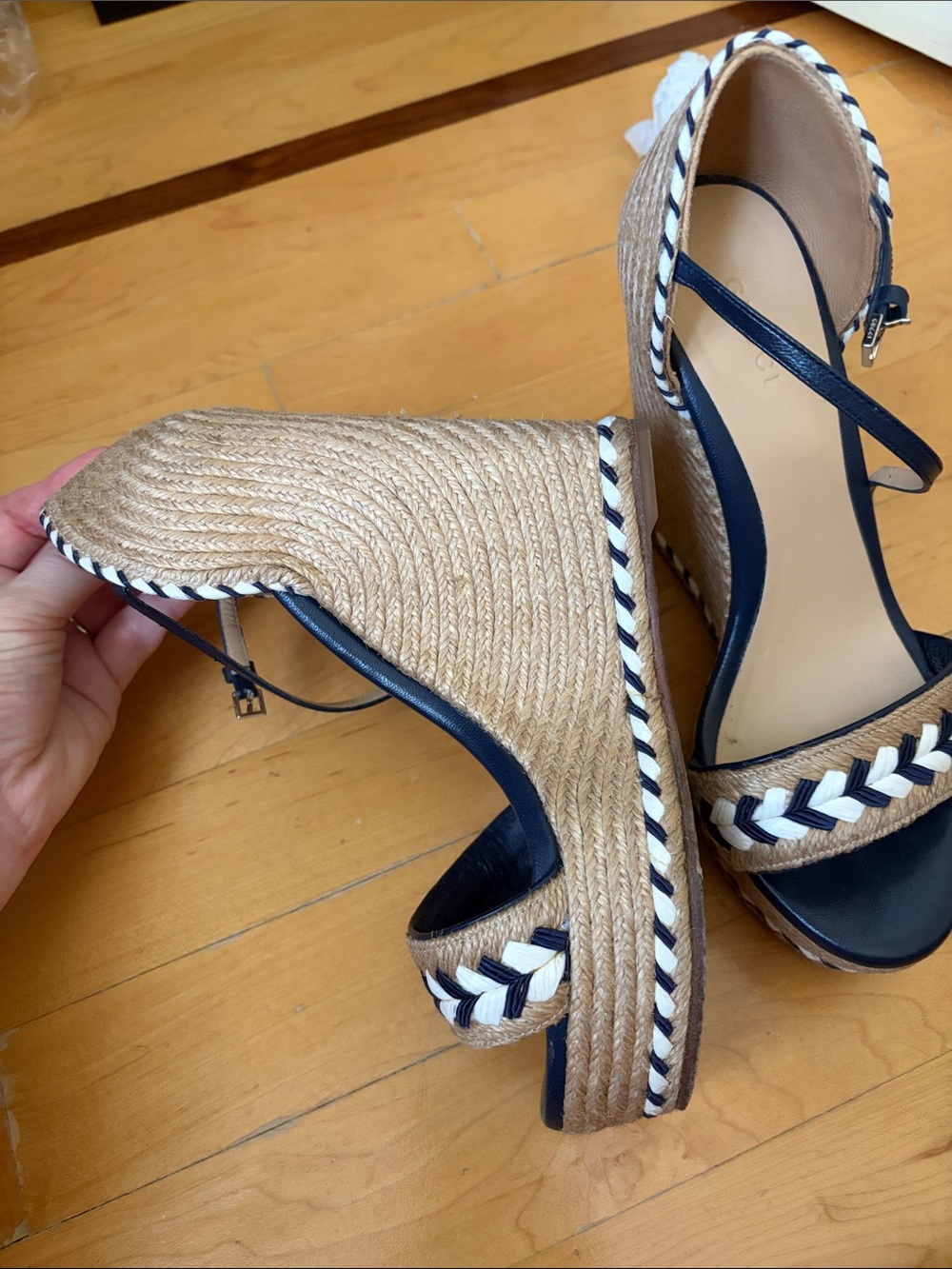 Gucci Navy and Tan Braided Espadrille Wedge Sandals - Picture 2 of 14